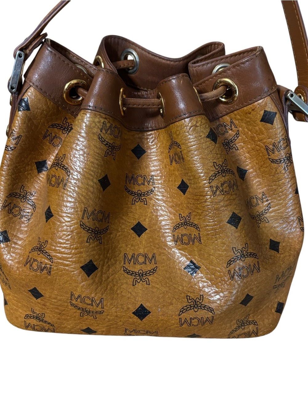 MCM Cognac Visetos Drawstring bucket Bag - Picture 3 of 16